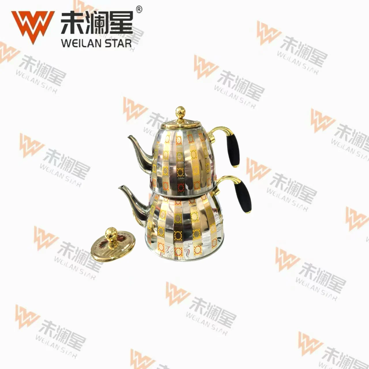 复底锌合金侧把子母壶（贴花） 不锈钢水壶