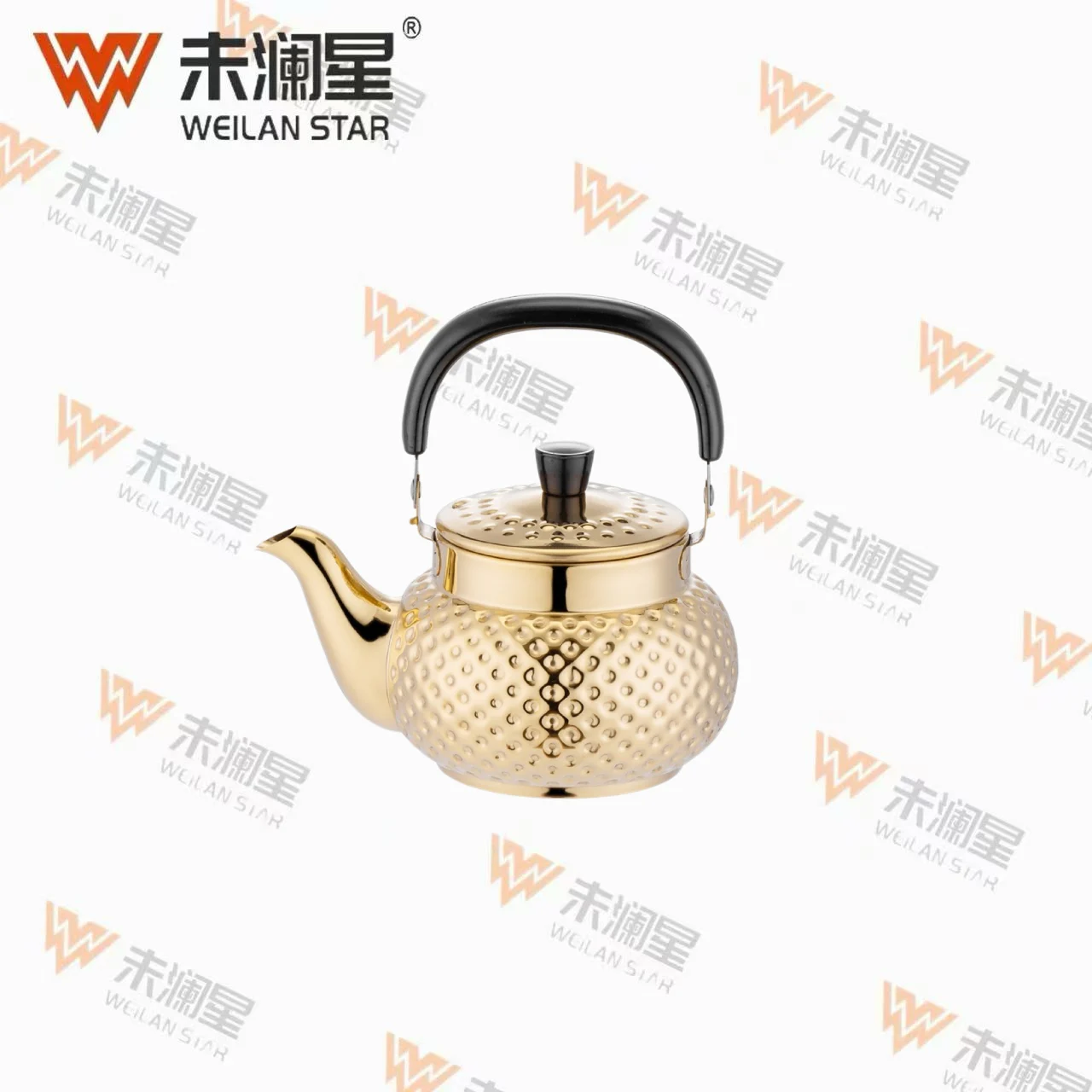 YC馨泉钻纹（圆点）黑色弯柄-金色 不锈钢水壶