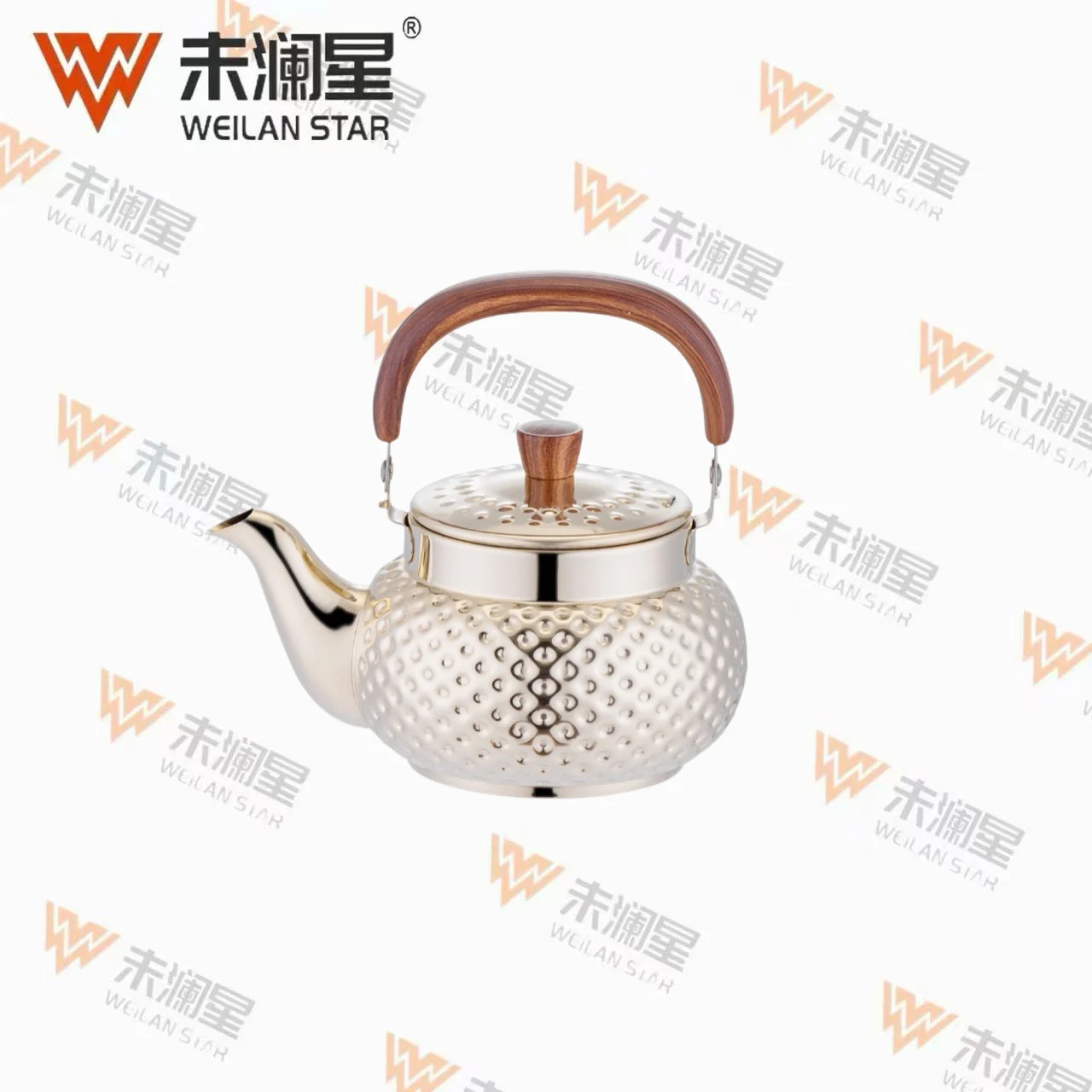 YC馨泉钻纹（圆点）木纹弯柄金色 不锈钢水壶