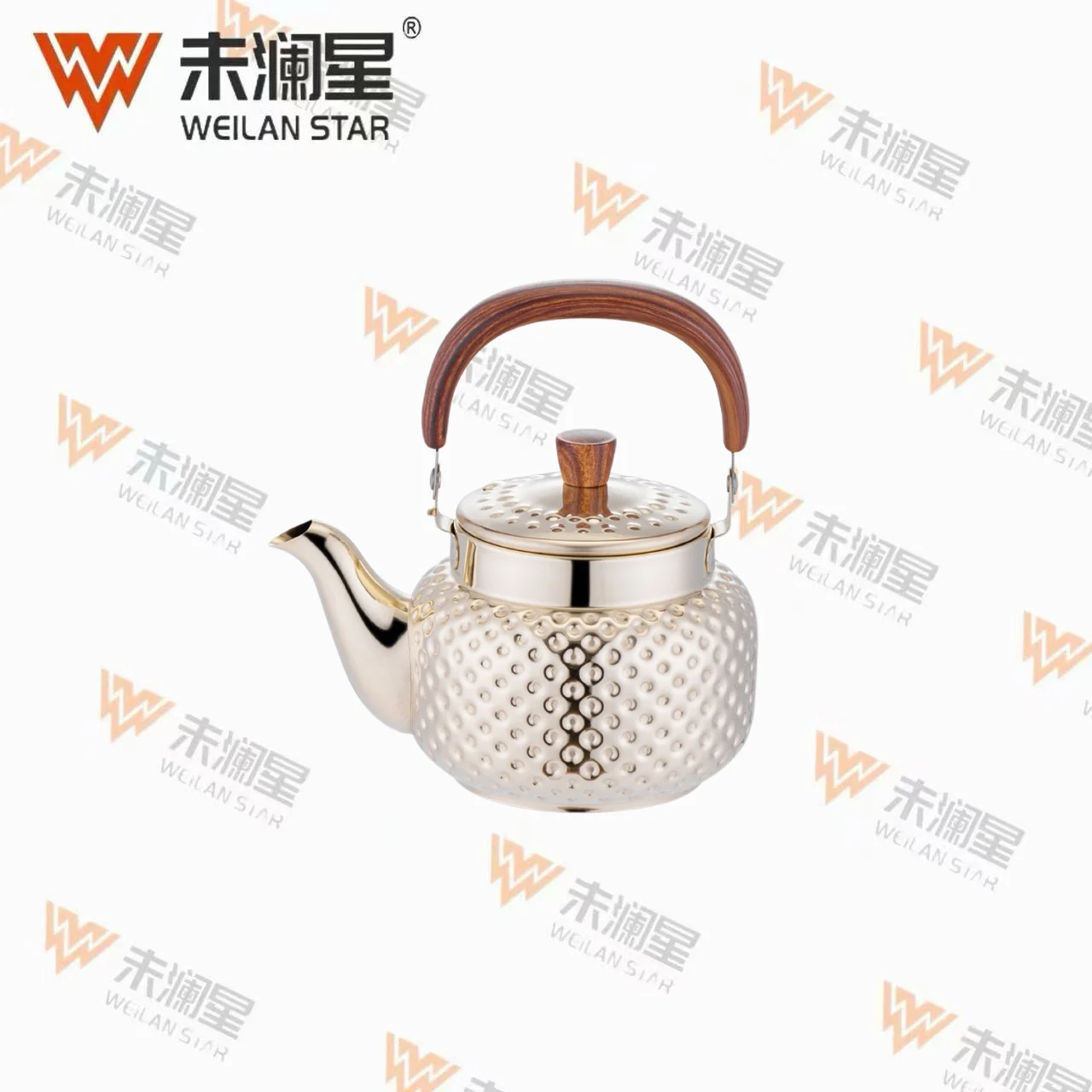 YC清泉钻纹（圆点）木纹弯柄-金色 不锈钢水壶